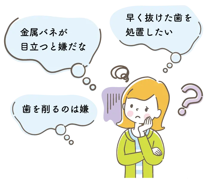 早く抜けた歯を処置したい 金属バネが目立つと嫌だな 歯を削るのは嫌 と思い悩む人